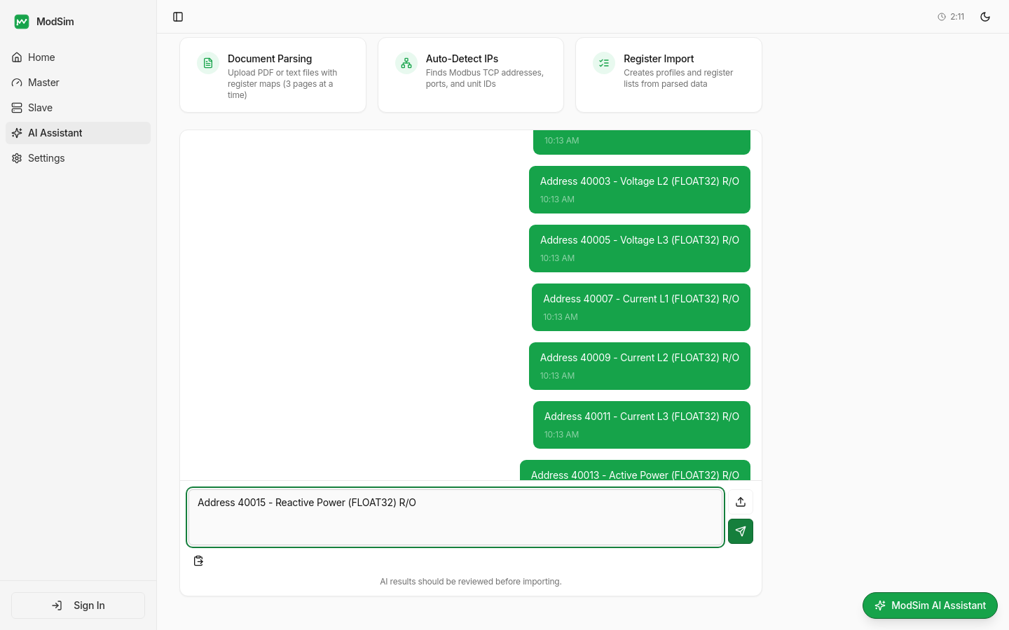 AI Assistant — Paste a register map and AI extracts addresses, names, and data types instantly