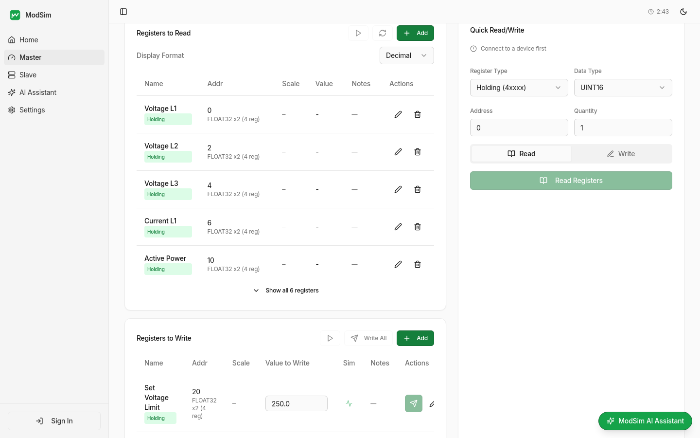 Registers to Read and Write with data types, scale factors, and simulation