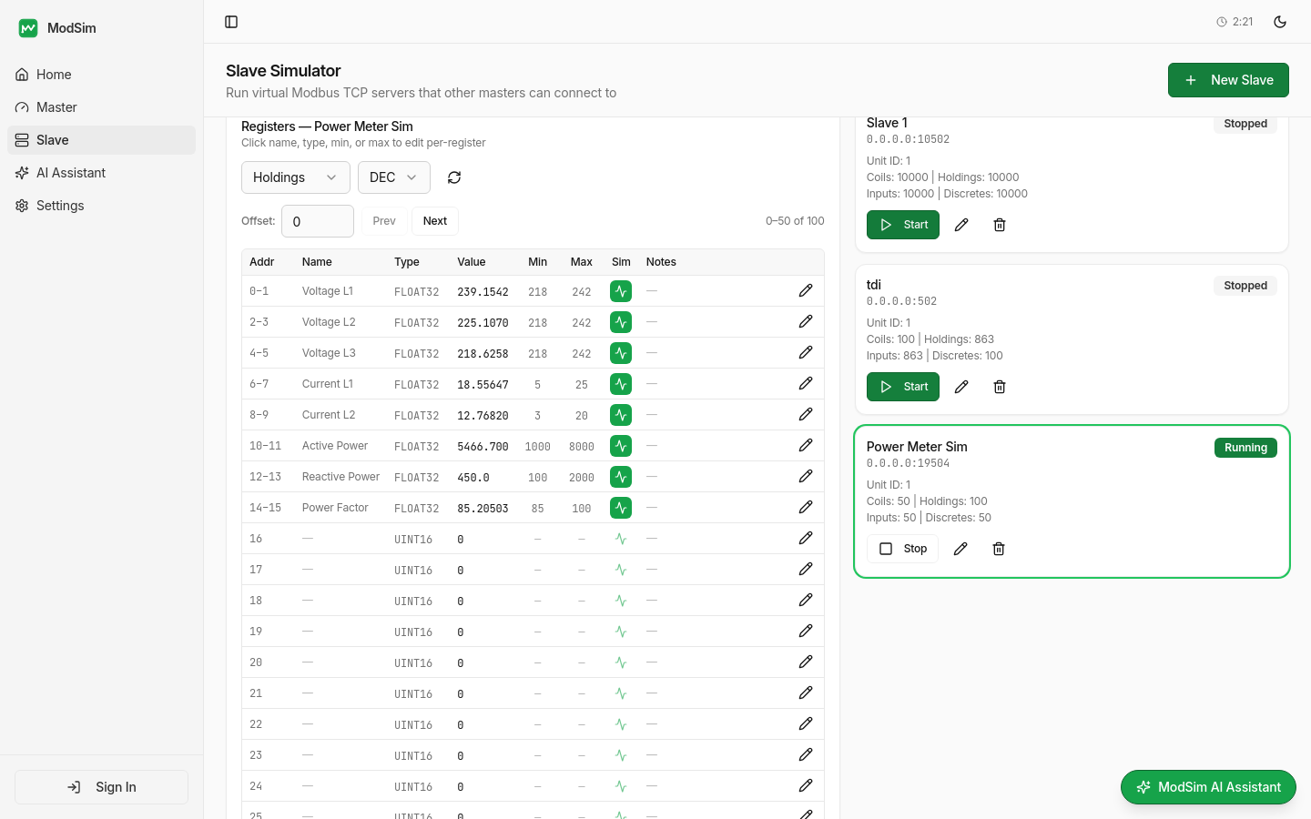 Slave Simulator — Register table with names, data types, values, and simulation modes